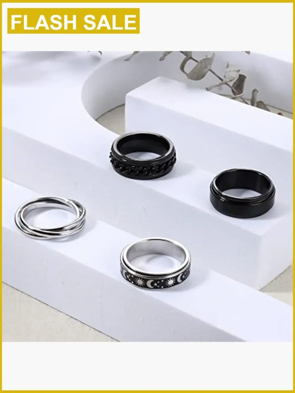 Stainless Steel Fidget Spinner Ring Set - Moon Star Celtic Design, 6 Rings